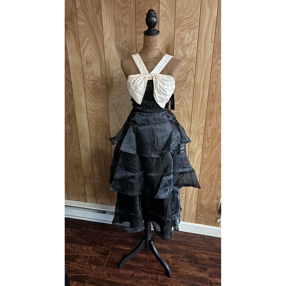 Lulus Black Cream Bow Tiered Ruffle Organza High Low Midi Dress XS NWT